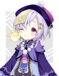  1girl bangs bead_necklace beads coin_hair_ornament commentary_request eyebrows_visible_through_hair genshin_impact hat highres jewelry jiangshi long_hair long_sleeves looking_at_another memeno necklace parted_lips purple_hair qing_guanmao qiqi_(genshin_impact) seelie_(genshin_impact) sidelocks simple_background solo two-tone_background violet_eyes 