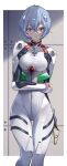  1girl arume_ad ayanami_rei bangs blue_hair bodysuit border breasts commentary eyebrows_visible_through_hair eyewear_removed feet_out_of_frame glasses hair_between_eyes highres holding holding_eyewear interface_headset looking_at_viewer medium_breasts neon_genesis_evangelion parted_lips plugsuit red_eyes short_hair skin_tight solo white_bodysuit white_border 