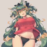  1girl animal_ears black_panties black_ribbon breasts eyebrows_visible_through_hair fang green_eyes green_hair grey_background hair_between_eyes hair_ribbon kuromiya kuromiya_raika large_breasts long_hair looking_at_viewer multicolored_hair navel open_mouth orange_hair original panties red_shirt ribbon shirt short_sleeves side-tie_panties simple_background smile solo t-shirt tail two-tone_hair underwear 