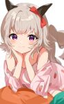  1girl animal_ears bare_shoulders blush bow closed_mouth curren_chan_(umamusume) ear_bow fingernails grey_hair hands_up head_rest highres horse_ears inuyama_nanami long_sleeves looking_at_viewer pajamas pink_pajamas red_bow simple_background smile solo tail umamusume violet_eyes white_background 