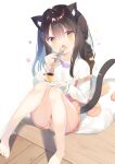  1girl :o animal_ear_fluff animal_ears bangs barefoot black_hair blush braid brown_eyes brown_shorts cat_ears cat_girl cat_tail commentary_request eyebrows_visible_through_hair fang food hair_between_eyes hair_bobbles hair_ornament head_tilt holding holding_plate holding_spoon knees_together_feet_apart knees_up long_hair long_sleeves looking_at_viewer multicolored_hair open_mouth original panties panties_under_shorts pillow plate pudding shirt short_shorts shorts single_braid sitting solo spoon suspender_shorts suspenders suspenders_slip tail two-tone_hair underwear white_background white_hair white_panties white_shirt wooden_floor yuizaki_kazuya 