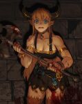  1girl animal_ears armband artist_name axe blonde_hair blood blood_on_leg blood_splatter bloody_clothes bloody_hands bloody_weapon blue_eyes breasts choker collarbone cow_ears cow_girl cow_horns cowboy_shot ear_piercing eyebrows_visible_through_hair hair_between_eyes highres holding holding_axe holding_weapon horns indoors jewelry large_breasts long_hair midriff minotaur morry muscular muscular_female navel original piercing ring skirt solo standing wall watermark weapon 
