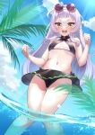  1girl :d absurdres bangs bikini bikini_skirt black_bikini blunt_bangs blush clenched_hands criss-cross_halter eyewear_on_head feet_out_of_frame hair_down halter_top halterneck highres hololive kujou_(vallls_nerla) lens_flare long_hair looking_at_viewer murasaki_shion navel ocean open_mouth palm_tree round_eyewear short_eyebrows sidelocks silver_hair smile solo stomach summer sunglasses swimsuit tree tropical v-shaped_eyebrows virtual_youtuber w_arms wading yellow_eyes 