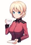  1girl bangs blonde_hair blue_eyes braid closed_mouth commentary cup darjeeling_(girls_und_panzer) epaulettes eyebrows_visible_through_hair girls_und_panzer holding holding_cup holding_saucer insignia jacket light_smile long_sleeves looking_at_viewer military military_uniform red_jacket rezomi_zore saucer short_hair simple_background solo st._gloriana&#039;s_military_uniform teacup tied_hair twin_braids uniform upper_body white_background 