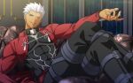  1boy abs akujiki59 archer_(fate) artist_name commentary_request covered_abs crossed_legs dark-skinned_male dark_skin fate/stay_night fate_(series) glint grey_eyes holding holding_jewelry jewelry light_smile long_sleeves male_focus one_eye_closed outstretched_arm pectorals pendant reclining short_hair shrug_(clothing) solo tassel toned toned_male twitter_username white_hair 