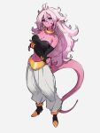  1girl android_21 arms_under_breasts baggy_pants bare_shoulders black_footwear black_gloves blue_eyes bracelet breasts collarbone colored_skin contrapposto crossed_arms dragon_ball dragon_ball_fighterz ear_piercing earrings elbow_gloves full_body gloves grey_background grin hoop_earrings jewelry kemachiku large_breasts legs_apart light_persona long_hair looking_at_viewer looking_up majin_android_21 midriff navel neck_ring pants piercing pink_skin shiny shiny_hair shiny_skin shoes simple_background smile solo spiky_hair standing strapless tail tubetop wavy_hair white_hair white_pants 