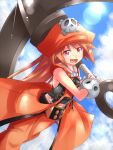  1girl :d anchor bangs belt belt_buckle blue_sky breasts brown_eyes brown_hair buckle clouds eyebrows_visible_through_hair fang guilty_gear guilty_gear_xrd hat holding holding_anchor kitayama_miuki looking_at_viewer may_(guilty_gear) open_mouth orange_headwear orange_legwear pirate_hat skull_and_crossbones sky small_breasts smile solo vest 