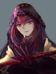  1girl absurdres alice_ki fate/grand_order fate_(series) gae_bolg_(fate) highres hood purple_hair red_eyes scathach_(fate) scathach_(fate)_(all) signature 
