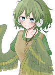  1girl bangs blue_eyes clockorreptile commentary_request earmuffs feathered_wings feathers green_feathers green_hair green_shirt green_wings harpy highres jewelry key monster_girl necklace original shirt short_hair simple_background solo white_background winged_arms wings 