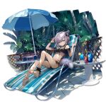  1girl alcohol animal_ears ankle_cuffs arknights bangs bare_legs bare_shoulders barefoot beach_chair beach_umbrella bikini black_bikini blue_eyes bottle cellphone drink extra_ears feet fox_ears fox_girl fox_tail hair_ornament hairclip hand_on_headphones hands_up headphones highres jukebox knee_up leaf looking_at_viewer low_twintails navel off-shoulder_bikini off_shoulder petite phone plant radio reclining see-through sho_(sho_lwlw) short_hair short_twintails silver_hair sitting smartphone soles solo stable stomach sussurro_(arknights) sussurro_(summer_flowers)_(arknights) swimsuit tail thighs toes transparent_background twintails umbrella 