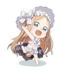 1girl :d abigail_williams_(fate) abigail_williams_(swimsuit_foreigner)_(fate) arm_up bare_arms bare_shoulders barefoot bikini black_jacket blonde_hair blue_eyes bonnet bow chibi fate/grand_order fate_(series) hair_bun innertube jacket long_hair open_mouth outstretched_arm side_bun smile solo standing standing_on_one_leg striped striped_bow swimsuit totatokeke twintails very_long_hair white_bikini white_bow white_headwear 