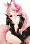  1girl :3 absurdres animal_ear_fluff animal_ears bangs black_bodysuit black_gloves blush bodysuit bow breasts breasts_apart collarbone commentary elbow_gloves eyebrows_visible_through_hair fang fate/grand_order fate_(series) fox_ears fox_girl fox_tail gloves hair_bow highres huge_filesize large_breasts long_hair looking_at_viewer midriff navel open_bodysuit open_mouth partially_unzipped pink_bow pink_hair sidelocks silver_(chenwen) smile solo tail tamamo_(assassin)_(fate) tamamo_(fate)_(all) tamamo_no_mae_(fate) thighs very_long_hair yellow_eyes 