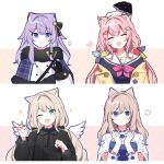  4girls :3 ^_^ animal_ears black_gloves blonde_hair blue_eyes blue_hair capelet cat_ears chae_ara clenched_hands closed_eyes colored_inner_hair eyebrows_visible_through_hair fang fur_trim gloves green_eyes head_tilt headpat highres kemonomimi_mode long_hair multicolored_hair multiple_girls nijisanji nijisanji_kr nun_bora one_eye_closed open_mouth pink_hair purple_hair ryu_hari smile so_nagi sparkle virtual_youtuber waka_(wk4444) wings yang_nari 