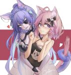  2girls ahoge animal_ears arm_between_breasts bare_shoulders bat_ears bat_girl bat_wings between_breasts black_dress black_eyepatch braid breasts cat_ears cat_girl cat_hair_ornament cat_tail clenched_hands collarbone colored_tongue crown_braid dress earrings eyebrows_visible_through_hair eyepatch fictional_persona furrowed_brow ghost_tail hair_between_eyes hair_ornament heart heart-shaped_pupils heart_eyepatch high_ponytail highres hug hug_from_behind intertwined_tails jewelry large_breasts licking_lips looking_at_viewer lucine_lavendel_(otikata&#039;s_curse) multiple_braids multiple_earrings multiple_girls nervous nyatasha_nyanners open_mouth pink_hair purple_hair purple_lips purple_tongue red_background short_hair signature small_breasts symbol-shaped_pupils tail tongue tongue_out twin_braids two-tone_background virtual_youtuber vshojo w_arms wavy_mouth white_background wings yuri yyfuu 
