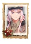  1girl bangs closed_mouth company_of_heroes hair_between_eyes hair_ornament hairpin hat long_hair military military_coat military_hat military_uniform original pink_eyes pink_hair portrait solo soviet soviet_army twintails uniform world_war_ii zhainan_s-jun 