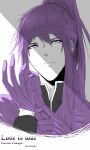  1boy adjusting_clothes adjusting_gloves buzhengjing_zhi_bi character_name commentary dated english_commentary english_text gloves highres kamui_gakupo looking_at_viewer male_focus monochrome ponytail portrait purple_gloves purple_hair purple_shirt putting_on_gloves shirt sidelocks solo violet_eyes vocaloid 