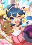  1girl ;d absurdres bangs blue_eyes blue_hair blurry blush buneary choker collarbone commentary_request hikari_(pokemon) dress eyelashes floating_hair gen_4_pokemon gloves hand_up highres holding holding_poke_ball looking_at_viewer on_head one_eye_closed open_mouth outstretched_arm pachirisu pink_dress piplup poke_ball pokemon pokemon_(anime) pokemon_(creature) pokemon_dppt_(anime) pokemon_on_head ponytail smile taisa_(lovemokunae) tied_hair tongue upper_teeth white_gloves 