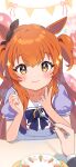  1girl :t animal_ears black_bow blush bow bowtie dot_nose ear_bow eating feeding fingernails fork hands_up highres holding holding_fork horse_ears inuyama_nanami long_sleeves looking_at_viewer mayano_top_gun_(umamusume) orange_eyes orange_hair plate pov pov_across_table pov_hands puffy_short_sleeves puffy_sleeves purple_bow purple_neckwear purple_shirt shirt short_sleeves skirt smile sparkle sparkling_eyes twintails two_side_up umamusume 