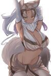  1girl animal_ears arm_behind_head armpits arms_up breasts brown_hair buchibussei cowboy_shot dark-skinned_female dark_skin elbow_gloves eyebrows_visible_through_hair facial_mark forehead_mark fur_collar gloves highres indian_wolf_(kemono_friends) kemono_friends large_breasts leaning_forward light_smile long_hair looking_at_viewer multicolored_hair navel outstretched_arm parted_lips purple_hair solo stomach stretch tail thigh-highs white_hair wolf_ears wolf_girl wolf_tail yellow_eyes 