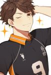  1boy arm_up bari_dal brown_eyes brown_hair closed_mouth collared_shirt cosplay eyebrows haikyuu!! highres kageyama_tobio kageyama_tobio_(cosplay) male_focus oikawa_tooru_(haikyuu!!) one_eye_closed shirt short_hair smirk solo sparkle_background sportswear upper_body volleyball_uniform 