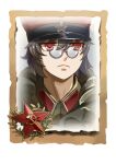  1girl bangs black_hair closed_mouth company_of_heroes glasses hair_between_eyes hat military military_hat military_jacket military_uniform original portrait red_eyes short_hair solo soviet soviet_army uniform world_war_ii zhainan_s-jun 