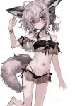 1girl animal_ears arknights bangs bare_shoulders black_swimsuit brown_hair closed_mouth commentary fox_ears fox_girl fox_tail grey_eyes highres navel official_alternate_costume oripathy_lesion_(arknights) solo sussurro_(arknights) sussurro_(summer_flowers)_(arknights) swimsuit tail trtrttrrrrrr 
