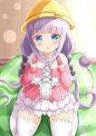  1girl :o bangs blue_eyes blush capelet commentary_request dress eyebrows_visible_through_hair frilled_capelet frills hands_up hat highres holding_strap kanna_kamui kobayashi-san_chi_no_maidragon long_sleeves no_shoes parted_lips pink_dress purple_hair school_hat sidelocks sitting sleeves_past_wrists soles solo tail thigh-highs wariza white_capelet white_legwear yellow_headwear zenon_(for_achieve) 