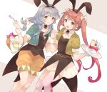  2girls alternate_costume animal_ears asagumo_(kancolle) basket blush brown_eyes brown_hair closed_mouth fake_animal_ears feet_out_of_frame food fork grey_eyes grey_hair holding holding_fork kantai_collection long_hair multiple_girls open_mouth orange_shorts pleated_skirt rabbit_ears shakemi_(sake_mgmgmg) short_sleeves shorts skirt smile twintails white_skirt yamagumo_(kancolle) 