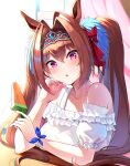  1girl :o animal_ears bangs bare_shoulders bead_bracelet beads blush bow bracelet brown_hair commentary_request curtains daiwa_scarlet_(umamusume) emerane eyebrows_visible_through_hair food hair_between_eyes hair_bow hair_intakes hair_ornament hand_on_own_cheek hand_on_own_face holding holding_food horse_ears horse_girl indoors jewelry long_hair looking_at_viewer nail_polish orange_nails pink_eyes popsicle puffy_short_sleeves puffy_sleeves red_bow shirt short_sleeves solo table tiara twintails umamusume upper_body very_long_hair white_shirt 