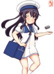  1girl akatsuki_(kancolle) alternate_costume artist_logo bag blue_sailor_collar cosplay dated depth_charge dress hair_between_eyes hat hiburi_(kancolle) hiburi_(kancolle)_(cosplay) kanon_(kurogane_knights) kantai_collection long_hair looking_at_viewer one-hour_drawing_challenge one_eye_closed purple_hair sailor_collar sailor_dress sailor_hat short_sleeves shoulder_bag simple_background smile socks solo violet_eyes white_background white_dress white_legwear 