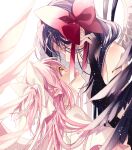  2girls akemi_homura akuma_homura ayumaru_(art_of_life) bare_shoulders black_hair black_wings closed_eyes closed_mouth commentary eyebrows_visible_through_hair face-to-face facing_another feathered_wings from_side goddess_madoka hair_ribbon hair_strand hand_up happy highres kaname_madoka light_particles light_smile looking_at_another looking_up mahou_shoujo_madoka_magica mahou_shoujo_madoka_magica_movie multiple_girls open_mouth pink_hair profile red_ribbon ribbon shiny shiny_hair simple_background straight_hair symbol_commentary two_side_up white_background white_ribbon white_wings wings yellow_eyes 