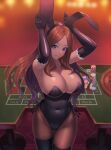  1girl absurdres animal_ears blue_eyes breasts bunny_pose casino fate/grand_order fate_(series) gloves highres large_breasts leonardo_da_vinci_(fate) long_hair looking_at_viewer playboy_bunny rabbit_ears ranma_(kamenrideroz) smile solo 