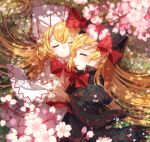  2girls absurdres ametama_(runarunaruta5656) bangs belt black_cape black_dress black_headwear black_sleeves blonde_hair blush bow cape cherry_blossoms closed_mouth dress eyebrows_visible_through_hair frills grass hair_between_eyes hands_together hat hat_bow highres light lily_black lily_white long_hair long_sleeves lying multiple_girls open_mouth petals red_belt red_bow red_neckwear shadow smile touhou white_cape white_dress white_headwear white_sleeves wide_sleeves 