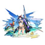  1girl arknights bangs bare_arms bare_shoulders bikini bird black_bikini blue_hair blue_sky breasts ch&#039;en_(arknights) ch&#039;en_the_holungday_(arknights) clouds cowboy_shot day dragon_horns elite_ii_(arknights) flower grey_shorts gun hair_flower hair_ornament halterneck highleg highleg_bikini highres holding holding_gun holding_weapon horns long_hair looking_at_viewer medium_breasts micro_shorts navel official_art outdoors parrot pink_eyes red_flower rubber_duck shorts sky solo standing stomach swimsuit thighs transparent_background wading water weapon yui_(niikyouzou) 