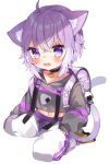 1girl :o absurdres animal_ears backpack bag bag_charm bangs cat_ears charm_(object) choker collarbone commentary_request eyebrows_visible_through_hair fang food hair_between_eyes highres hololive long_sleeves looking_at_viewer midriff navel nekomata_okayu noi_mine onigiri pants purple_hair randoseru shoes short_hair sidelocks simple_background sitting solo tail track_pants violet_eyes virtual_youtuber wariza white_background younger