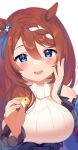  1girl :d blue_eyes blue_ribbon blush braid breasts fingernails hair_between_eyes hair_ribbon hand_on_own_cheek hand_on_own_face hand_up head_tilt highres holding_pacifier inuyama_nanami large_breasts long_hair looking_at_viewer open_mouth ribbed_sweater ribbon round_teeth simple_background smile solo super_creek_(umamusume) sweater teeth umamusume upper_body upper_teeth white_background white_sweater 