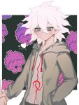  2boys arrow_through_heart bangs blush character_print commentary_request dangan_ronpa_(series) dangan_ronpa_2:_goodbye_despair frown green_jacket grey_hair grey_shirt hair_between_eyes hand_in_pocket happy heart hinata_hajime holding_hands hood hood_down hooded_jacket hoodie jacket komaeda_nagito long_sleeves looking_at_viewer male_focus messy_hair multiple_boys open_clothes open_jacket print_shirt seunohala shirt solo_focus sweat upper_body white_background white_hair 