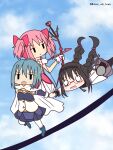  3girls akemi_homura arrow_(projectile) blue_hair blush bow_(weapon) dress flower gloves hairband highres kaname_madoka kuha_7555 long_hair magia_record:_mahou_shoujo_madoka_magica_gaiden magical_girl mahou_shoujo_madoka_magica miki_sayaka multiple_girls open_mouth pantyhose pink_hair pleated_skirt scared short_hair short_twintails skirt sky spoilers twintails weapon white_gloves 
