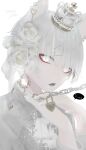  absurdres animal_ears cat_ears chain choker ear_piercing earrings fang fang_out flower gem grey_eyes grey_hair highres jewelry katoumio key looking_at_viewer open_mouth original piercing short_hair solo tiara white_eyes white_flower white_hair white_nails 