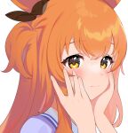  1girl animal_ears blush bow brown_bow closed_mouth ear_bow hands_on_own_face inuyama_nanami looking_at_viewer mayano_top_gun_(umamusume) orange_hair purple_shirt shirt simple_background solo twintails two_side_up umamusume upper_body white_background yellow_eyes 
