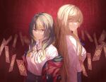  2girls bangs blonde_hair blue_neckwear brown_hair character_request closed_mouth commentary_request eyebrows_visible_through_hair eyes_visible_through_hair fatal_twelve frown glaring grey_skirt highres jacket looking_at_viewer matsusatoru_kouji mishima_miharu multicolored_hair multiple_girls neck_ribbon off_shoulder red_background red_eyes red_jacket red_neckwear ribbon school_uniform shirt shirt_tucked_in shishimai_rinka skirt streaked_hair upper_body white_shirt yellow_eyes 