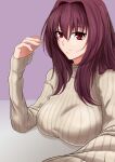  1girl absurdres breasts fate/grand_order fate_(series) highres large_breasts looking_at_viewer n.e_(sakura-233) purple_hair red_eyes ribbed_sweater scathach_(fate) scathach_(fate)_(all) smile sweater 