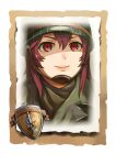  1girl bangs closed_mouth company_of_heroes hair_between_eyes hat helmet military military_hat military_uniform original portrait red_eyes redhead smile solo uniform united_states_army v-shaped_eyebrows world_war_ii zhainan_s-jun 