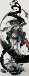  1girl absurdres arknights black_hair black_jacket china_dress chinese_clothes commentary dragon_girl dragon_horns dragon_tail dress dusk_(arknights) full_body green_hair grey_background hair_over_one_eye highres holding holding_sword holding_weapon horns ink jacket long_hair looking_at_viewer multicolored_hair necktie off_shoulder ph. red_eyes red_neckwear sleeveless sleeveless_dress solo standing standing_on_one_leg streaked_hair sword tail very_long_hair weapon white_dress 