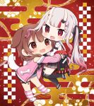  2girls :3 :d animal_ears black_skirt blush bone_print brown_eyes brown_hair cartoon_bone chibi colored_tips detached_sleeves dog_ears dog_girl dog_tail fang full_body fur-trimmed_sleeves fur_trim grey_hair hair_ornament highres hololive horns inugami_korone long_hair long_sleeves multicolored_hair multiple_girls nakiri_ayame nanawo_(7nanawo) off-shoulder_jacket off_shoulder open_mouth pleated_skirt red_eyes redhead skin_fang skirt smile streaked_hair tail thigh-highs thigh_strap twintails virtual_youtuber x_hair_ornament 