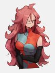  1girl android_21 breasts checkered checkered_dress dragon_ball dragon_ball_fighterz dress earrings glasses grey_background hair_between_eyes hoop_earrings jewelry kemachiku long_hair looking_at_viewer looking_to_the_side medium_breasts redhead simple_background solo upper_body 