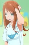  armpit_hair blue_shirt breasts brown_hair eyebrows_visible_through_hair green_eyes hair_down haruyama_kazunori long_hair medium_breasts natsuumi_aoi precure shirt t-shirt tropical-rouge!_precure upper_body 