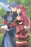  2girls blue_hair blue_sky braid bush couple dress eye_contact fire_emblem fire_emblem:_three_houses gloves hand_on_another&#039;s_chin highres hilda_valentine_goneril holding_hands imminent_kiss interlocked_fingers looking_at_another marianne_von_edmund multiple_girls pink_hair radiostarkiller sky smile tree twintails yuri 