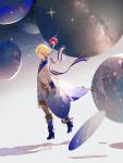  1boy arm_at_side arm_up bangs blonde_hair blue_eyes boots coat fate/grand_order fate/requiem fate_(series) high_heel_boots high_heels highres holding holding_sword holding_weapon long_sleeves looking_at_viewer looking_back male_focus messy_hair open_mouth outstretched_arm planet rapier space star_(sky) sword tanzhujiuyue voyager_(fate) weapon white_coat wind 