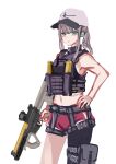  1girl absurdres ar-57 ar-57_(girls_frontline) armpits bangs bare_shoulders baseball_cap black_shirt blue_eyes breasts commentary commentary_request cowboy_shot crop_top dolphin_shorts ear_piercing ear_protection eyebrows eyebrows_visible_through_hair fingerless_gloves girls_frontline gloves gun hair_between_eyes hand_on_own_hip hat highres holding holding_weapon lithographica long_hair midriff piercing pink_hair ponytail shirt shorts sideboob single_glove single_leg_pantyhose sketch sleeveless sleeveless_shirt solo tactical_clothes tank_top trigger_discipline twitter_username watch watch weapon white_background 